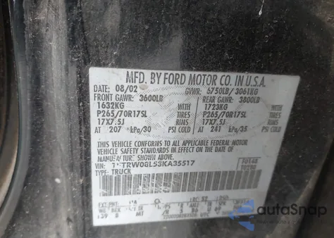 2003 Ford F-150 Lariat/Xlt из США, поврежденный, VIN 1FTRW08L53KA35517